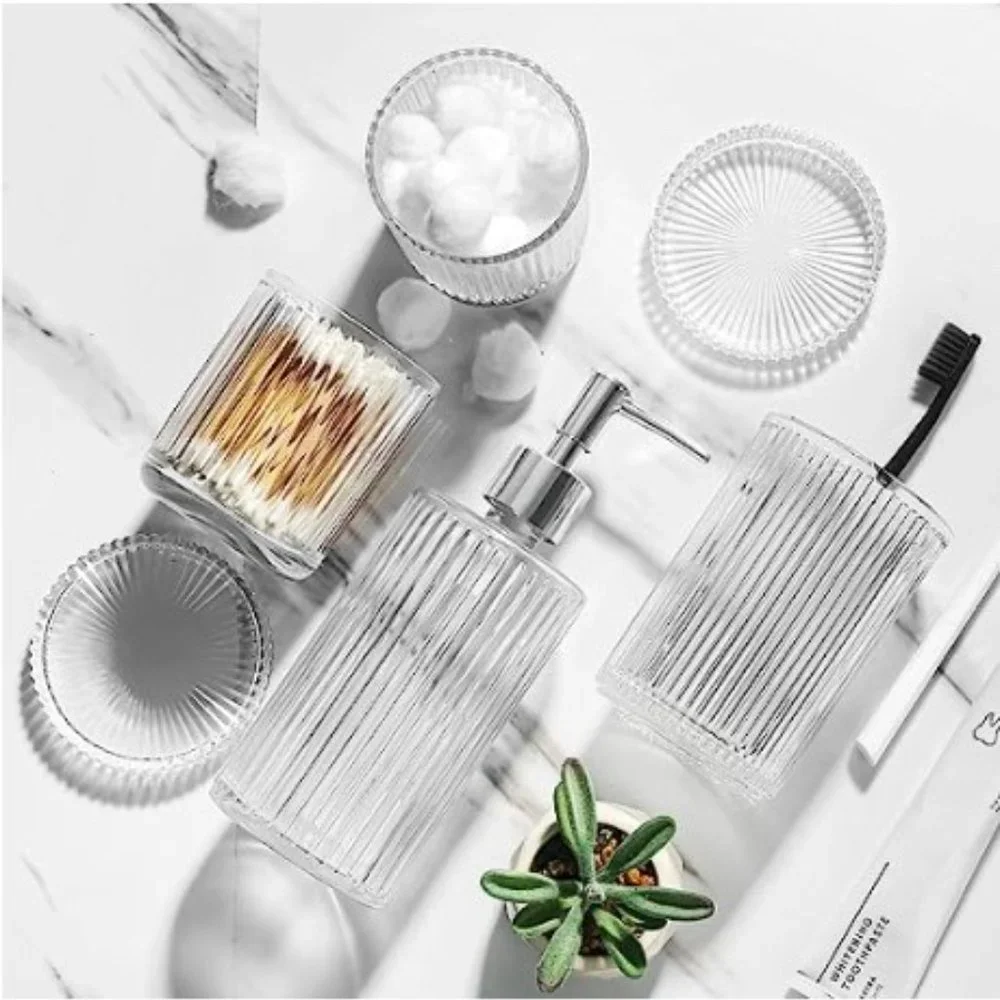 4 pc - Ribbed Glass Bathroom Accessory Set  (Clear)